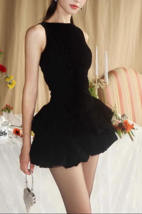 Candance Sleeveless Puffy Velvet Mini Dress In Black Flowering Girl