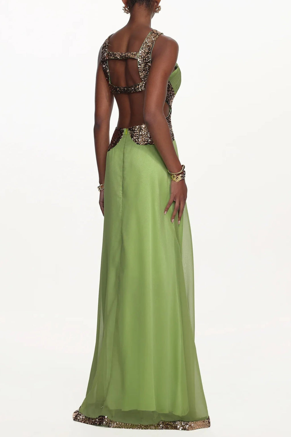 Virginia Green Halter Pleated Cut Out Sequin Maxi Dress Flowering Girl
