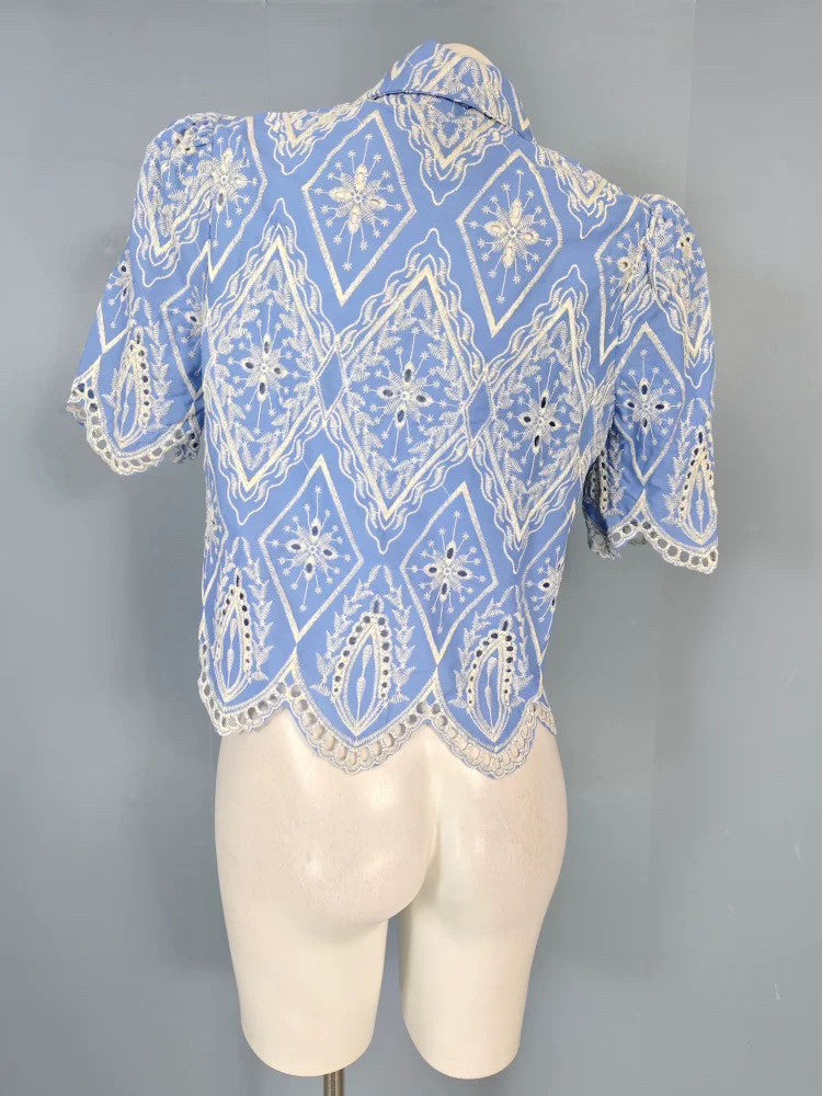 Blue & White Embroidered Puff Sleeve Lace Blouse Flowering Girl