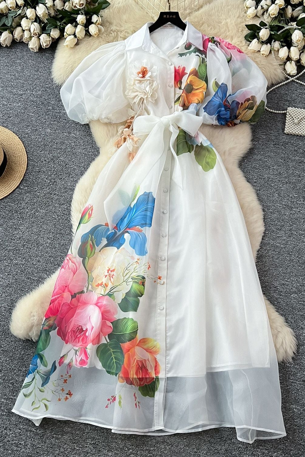Single-Breasted Floral Printed Puff Sleeve Maxi Dress In Apricot Flowering Girl