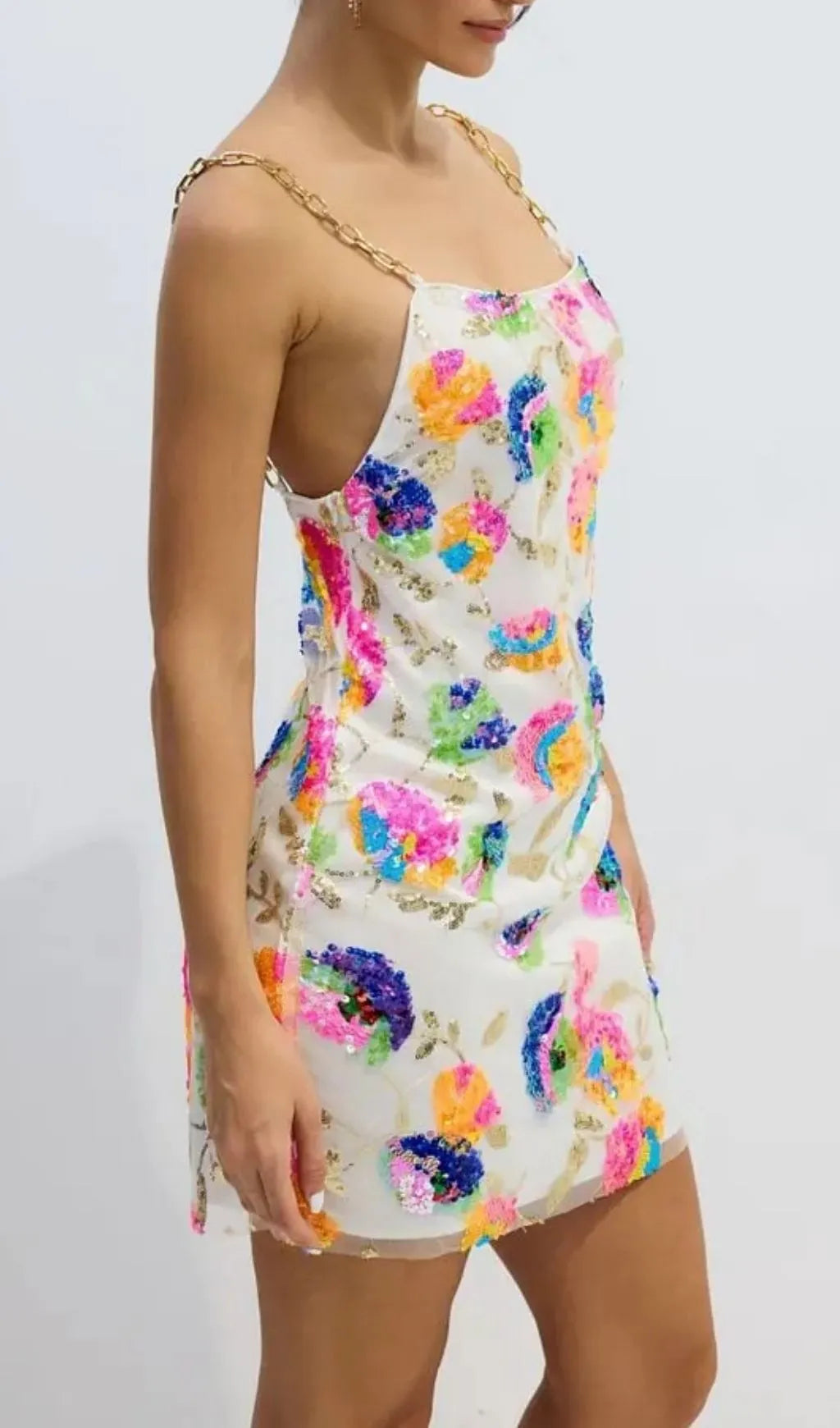 Fanny White Embroidered Sequins Backless Mini Dress Flowering Girl