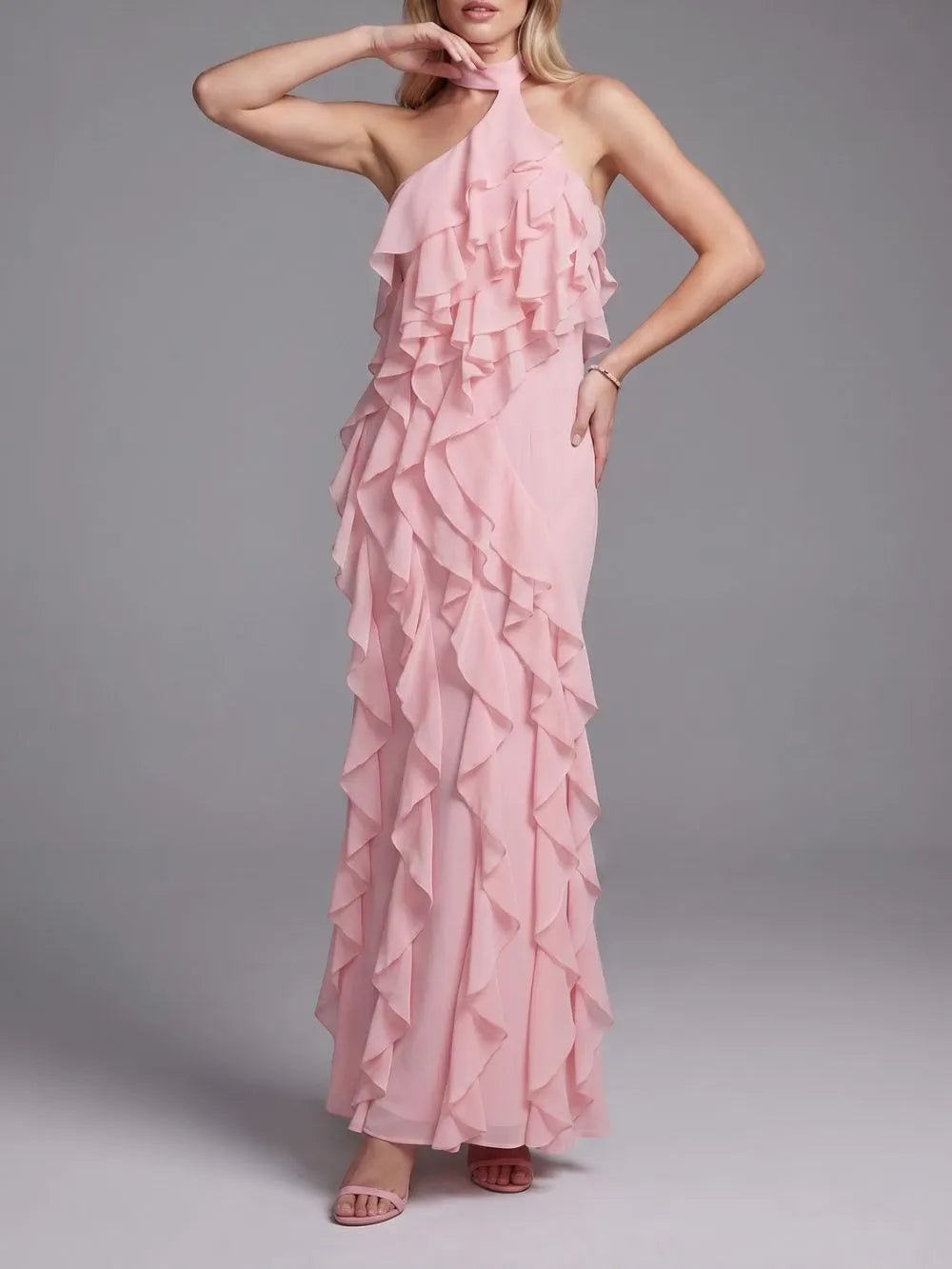 Kora Pink Halter Ruffle Maxi Dress Flowering Girl