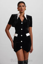 Velvet Button Short Sleeve Mini Dress in black Flowering Girl