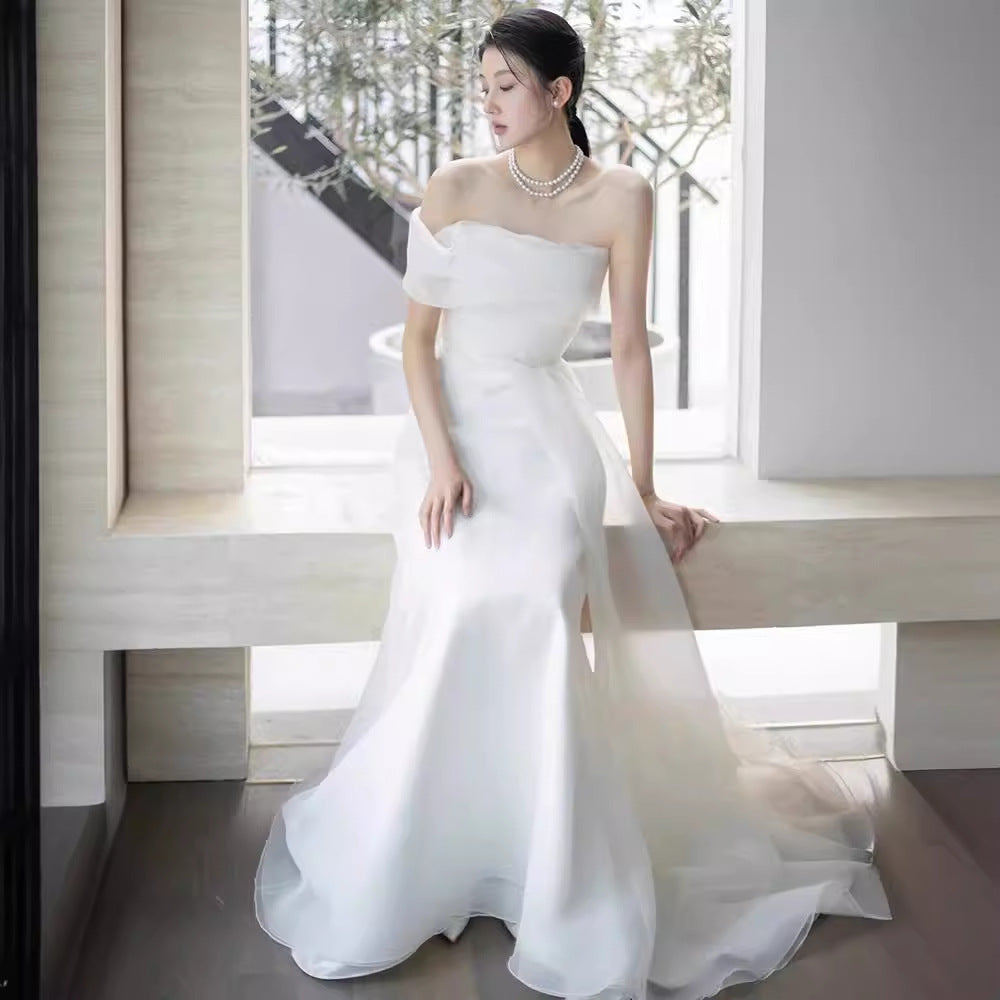 Lisa In a Simple Yet Elegant White French-Style One-Shoulder Mermaid Maxi Dress Flowering Girl