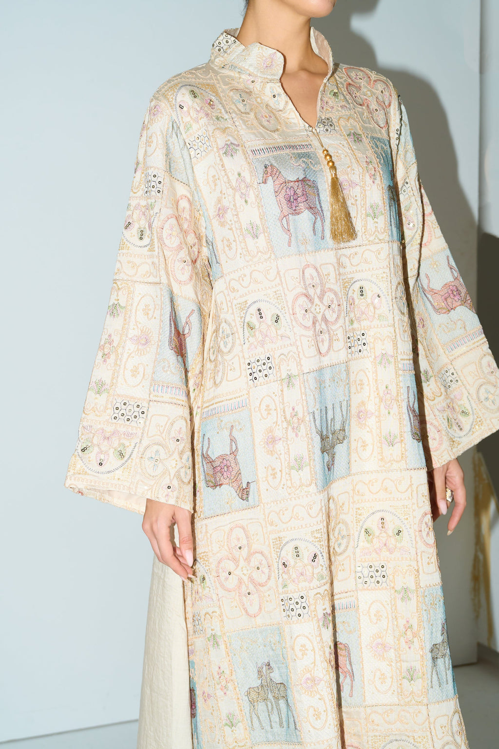 Cream Horse Patchwork Print Stand Collar Bell Sleeve Long Kaftan Dress Flowering Girl