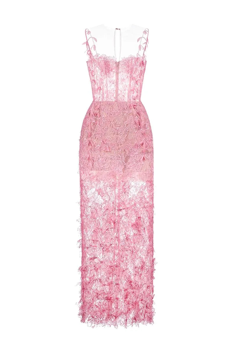 PINK BEADED LACE PENCIL MIDI DRESS Flowering Girl