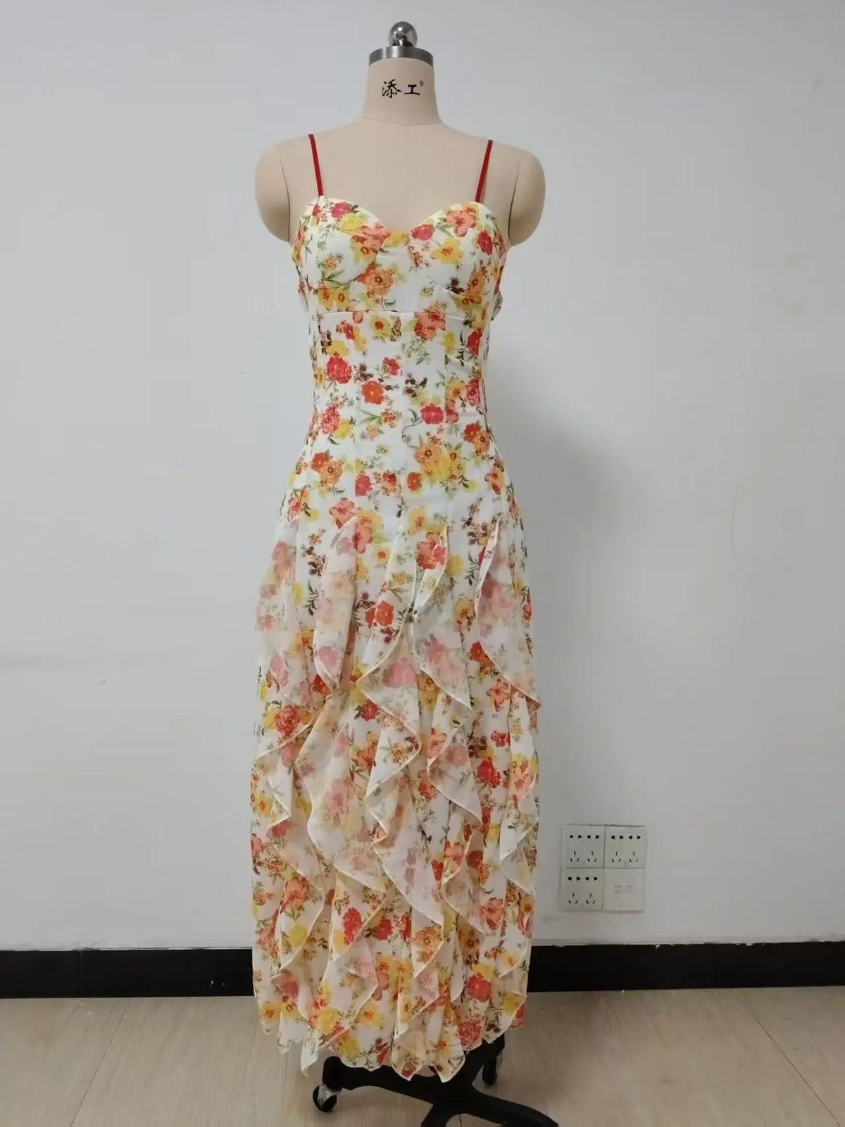 Floral Print Ruffle High Slit Mini Dress - Red Flowering Girl