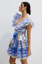 Printed Plunge Neck Mini Dress Flowering Girl