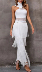 Fermin White Halterneck Bandage Fringe Midi Dress Flowering Girl