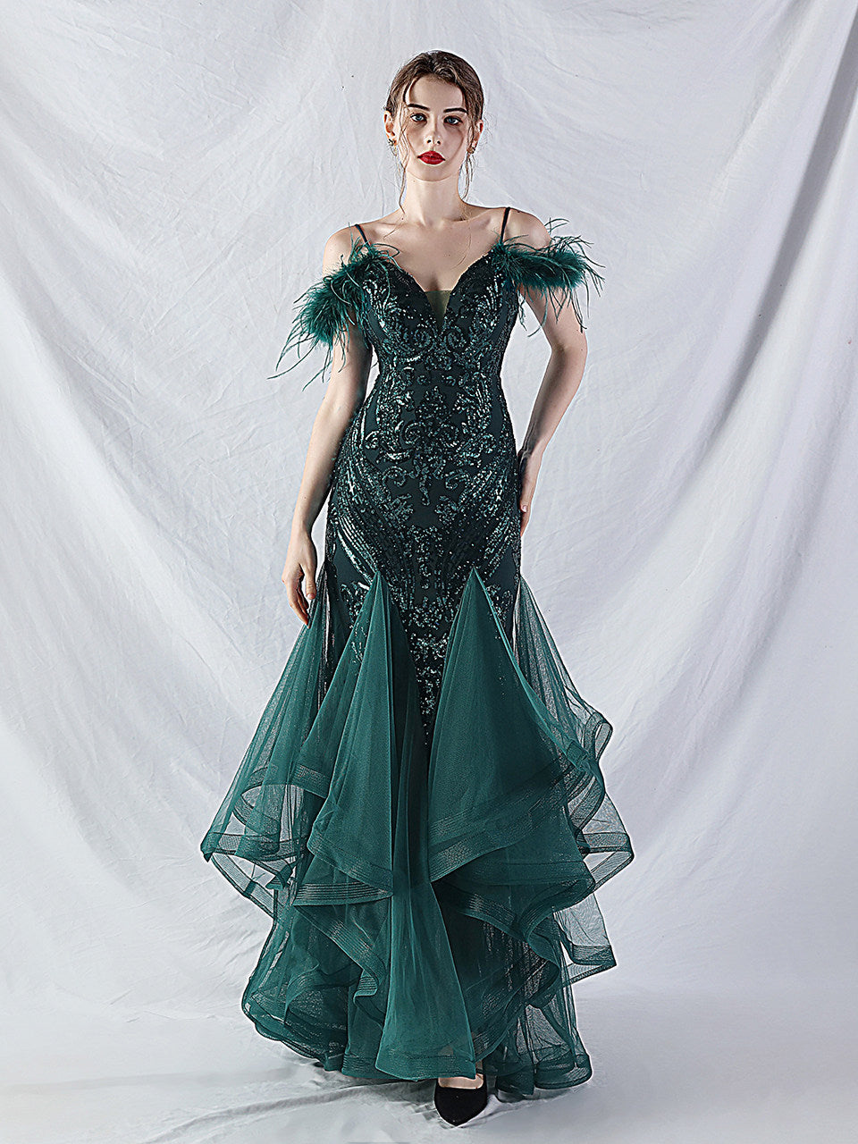 Feather Sequin Strapless Tulle Maxi Dress Flowering Girl