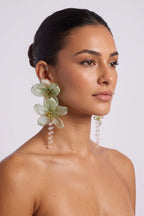 Light Green Organza Floral Crystal Tassel Drop Earrings Flowering Girl