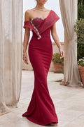 Deep Red Structured Crepe Mermaid Evening Gown with Silver Beaded Asymmetrical Bodice Flowering Girl