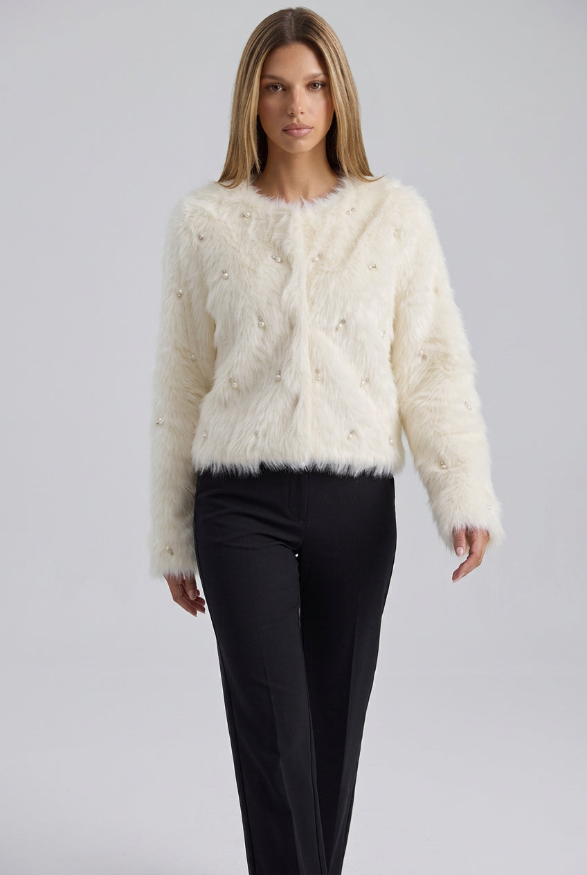 Off-White Faux Fur Boxer Jacket with Pearl Bead Details Flowering Girl