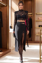 Black Floral Lace Crop Top and Wrap Midi Skirt Two-Piece Set Flowering Girl