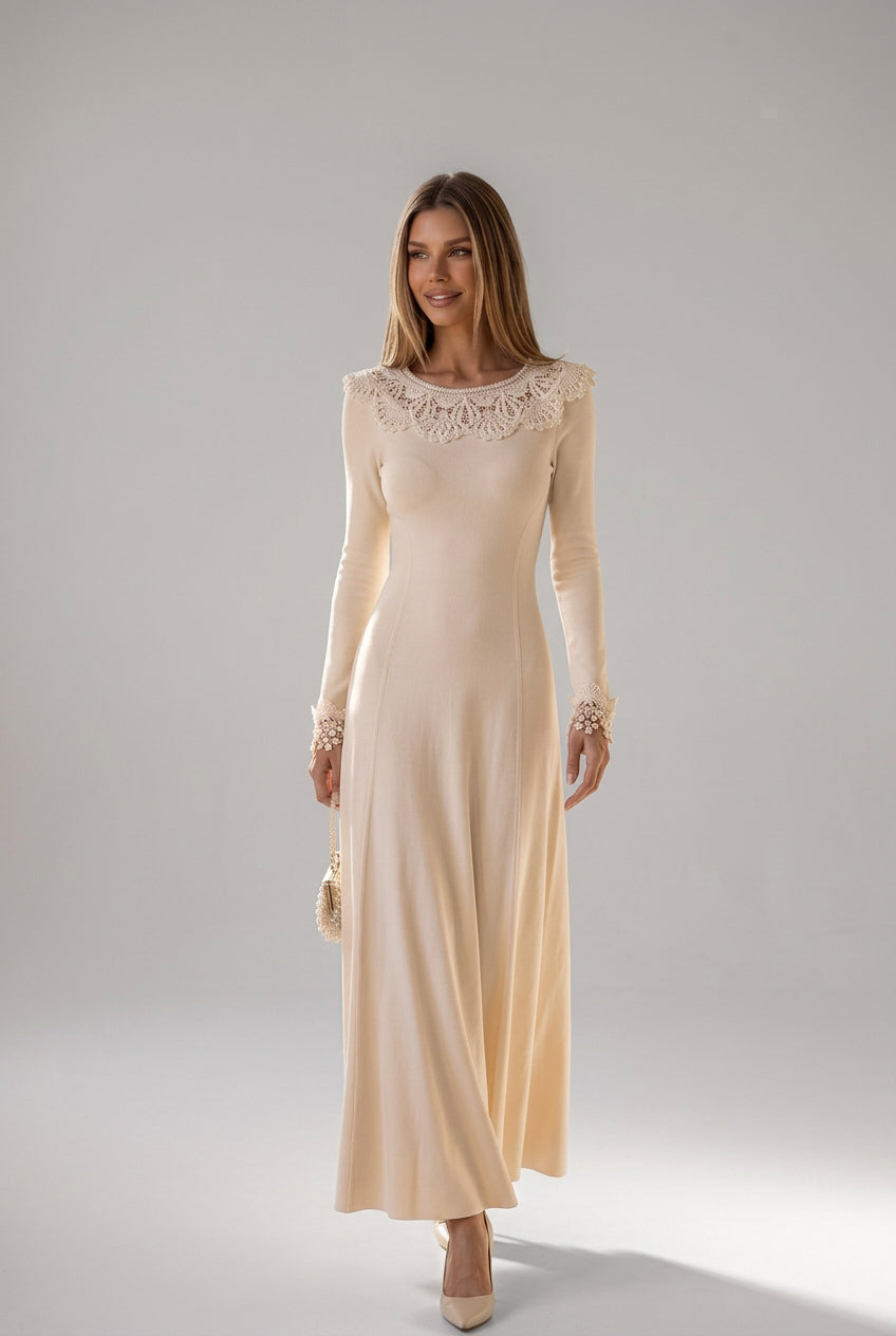 Cream Fine Knit Jersey Fit-and-Flare Dress Flowering Girl