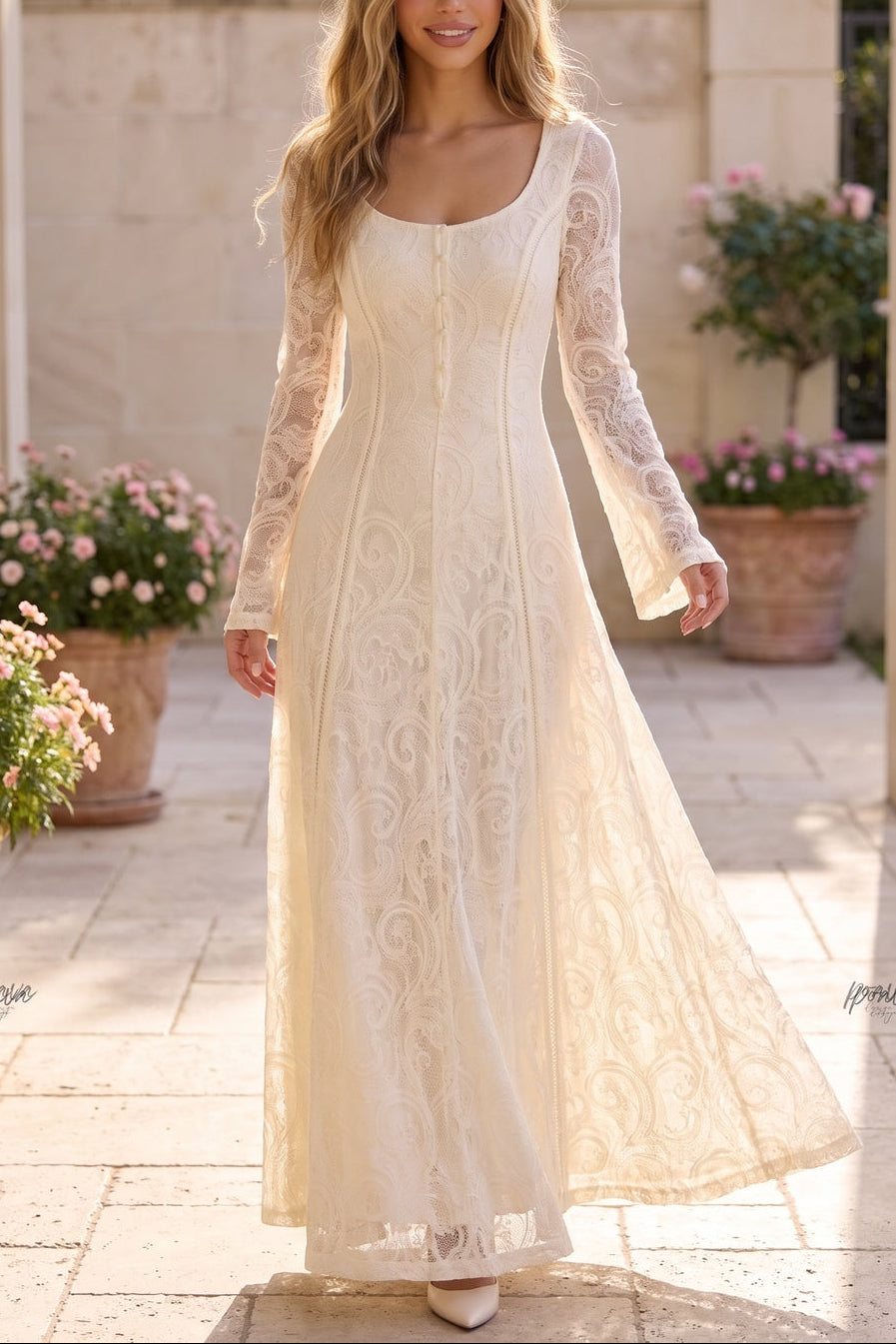 Cream Floral Lace A-Line Maxi Dress Flowering Girl