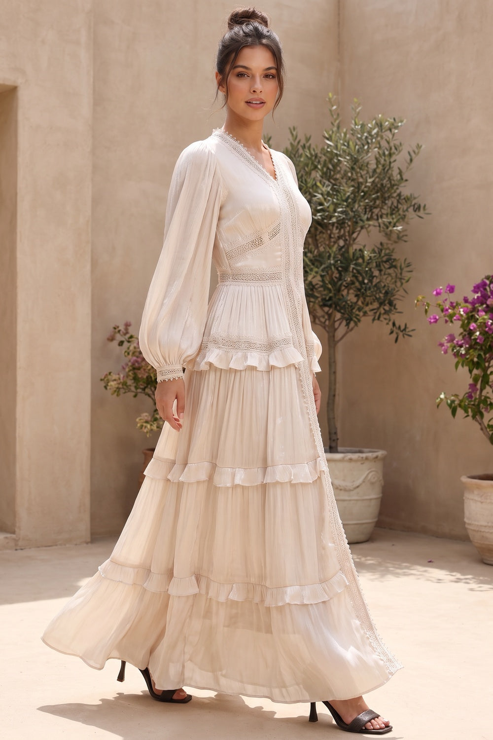 Cream Crinkled Satin Tiered A-Line Maxi Dress Flowering Girl