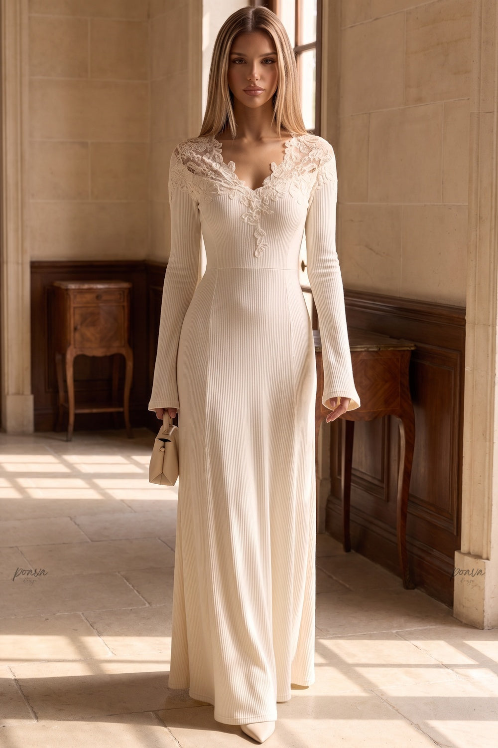 Cream Ribbed Knit Maxi Dress with Lace V-Neck Flowering Girl