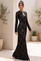 Black Floral Lace Column Gown Flowering Girl