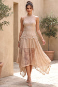Beige Corded Floral Lace A-Line Midi Dress with Asymmetrical Hem Flowering Girl