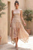 Beige Corded Floral Lace A-Line Midi Dress with Asymmetrical Hem Flowering Girl