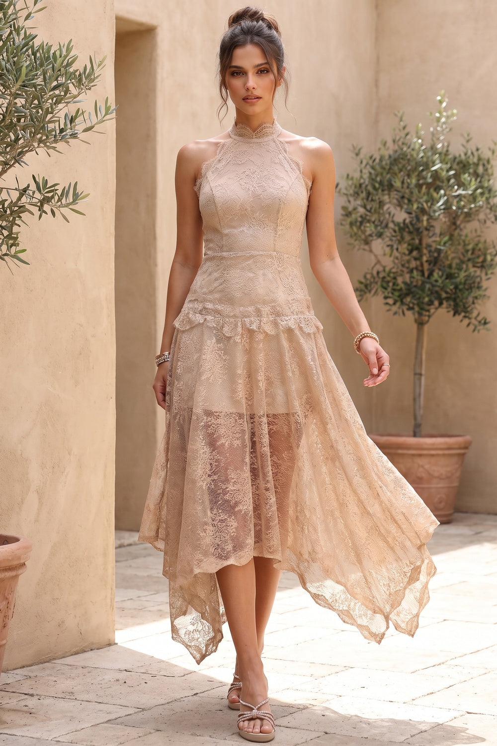 Beige Corded Floral Lace A-Line Midi Dress with Asymmetrical Hem Flowering Girl