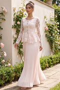 Pale Blush Pink Lace Fitted Peplum Top with A-Line Maxi Skirt Two-Piece Set Flowering Girl