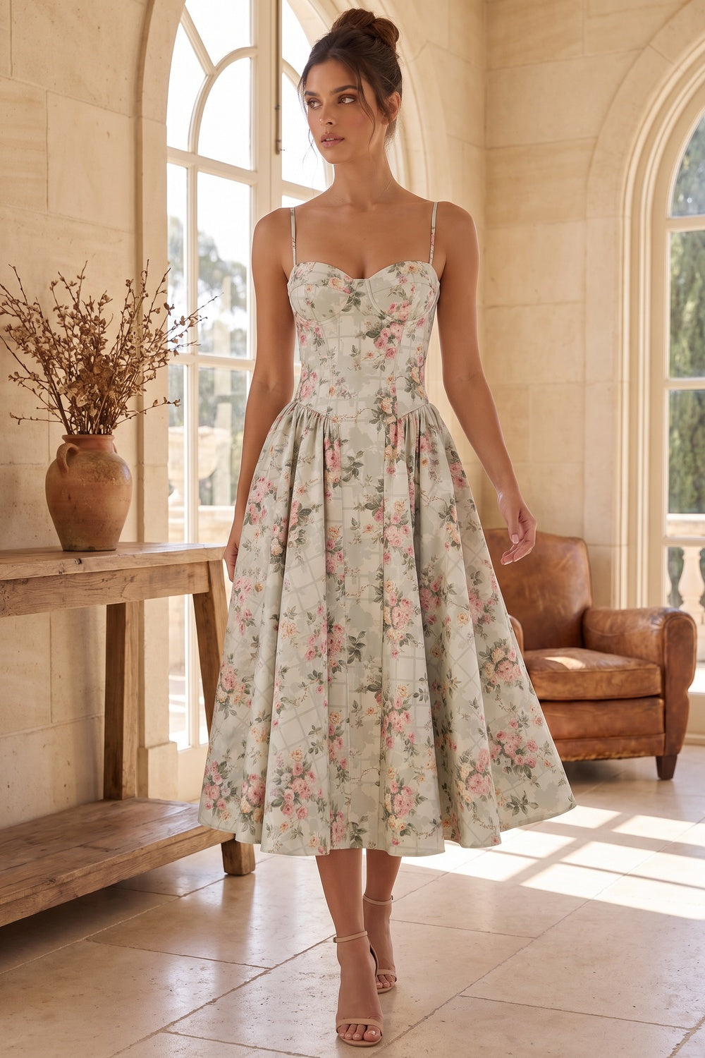 Pale Sage Green Structured Woven Cotton or Jacquard Fit-and-Flare Dress Flowering Girl