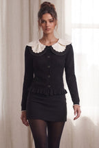 Black Peplum Cardigan with White Scalloped Collar Flowering Girl