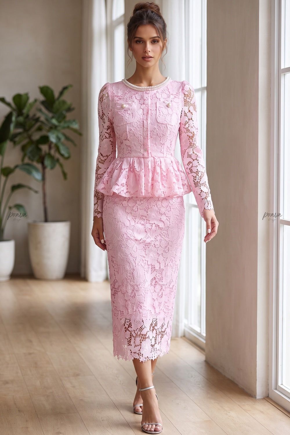 Light Pink Floral Lace Two-Piece Peplum Top and Midi Pencil Skirt Set Flowering Girl