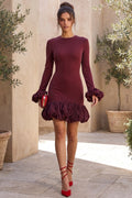Burgundy Lurex Knit Fitted Bodycon Dress with Voluminous Bubble Hem Flowering Girl
