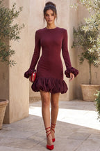 Burgundy Lurex Knit Fitted Bodycon Dress with Voluminous Bubble Hem Flowering Girl