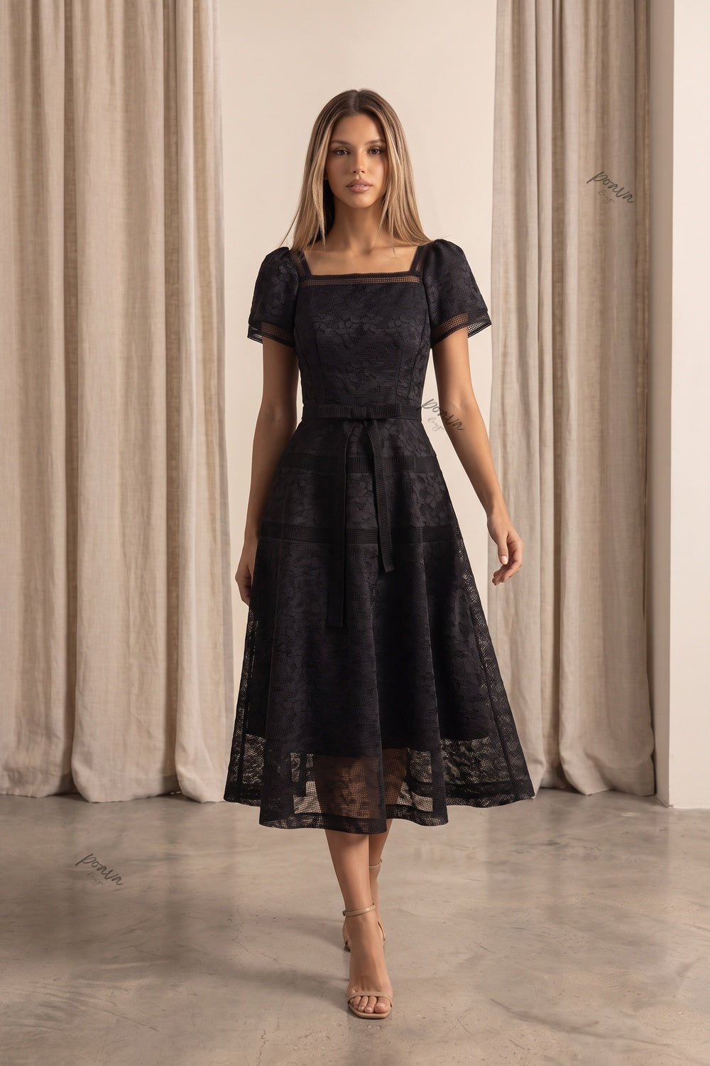 Black Floral Lace Fit-and-Flare Midi Dress Flowering Girl