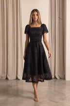 Black Floral Lace Fit-and-Flare Midi Dress Flowering Girl
