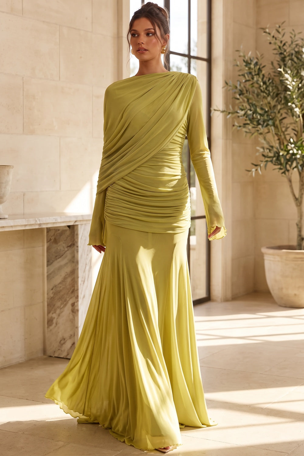 Chartreuse Ruched Mesh Gown Flowering Girl