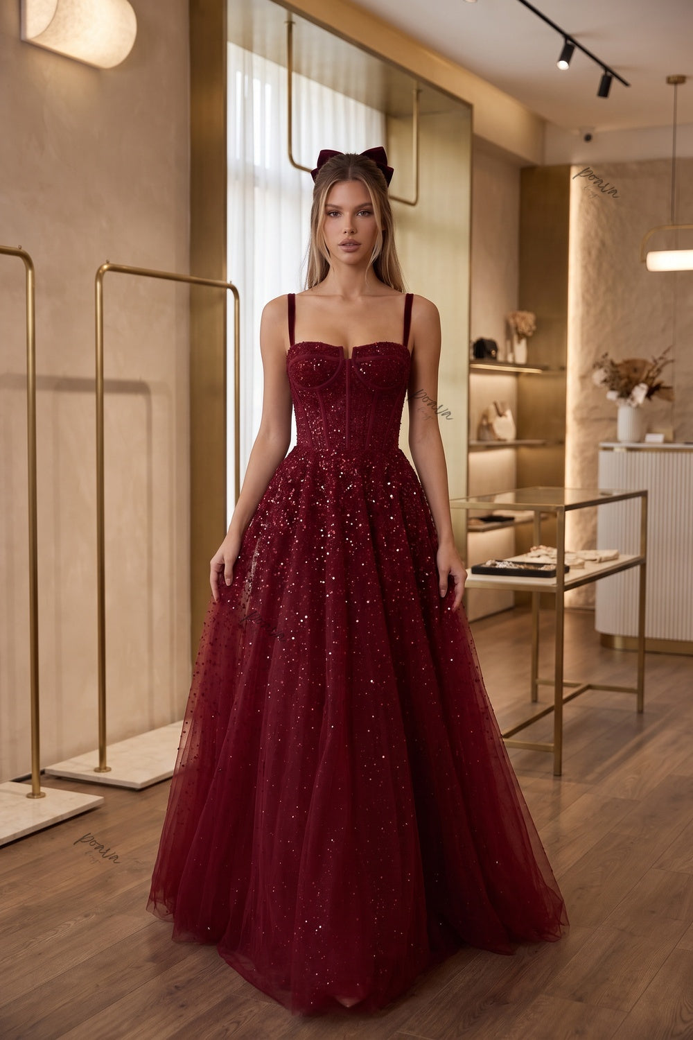 Burgundy Tulle A-Line Evening Gown Flowering Girl