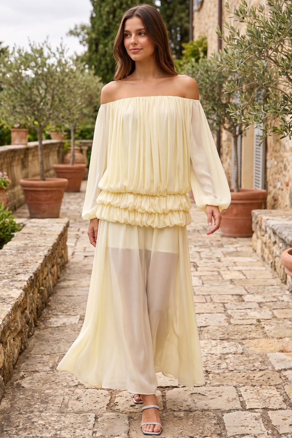 Pale Yellow Chiffon Off-The-Shoulder Blouson Two-Piece Set Flowering Girl