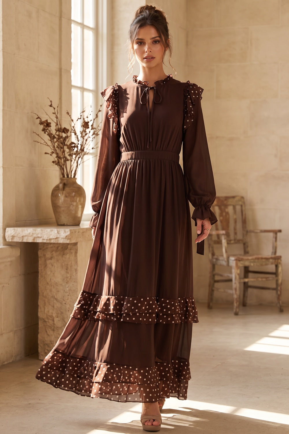 Dark Brown Chiffon A-Line Tiered Maxi Dress Flowering Girl