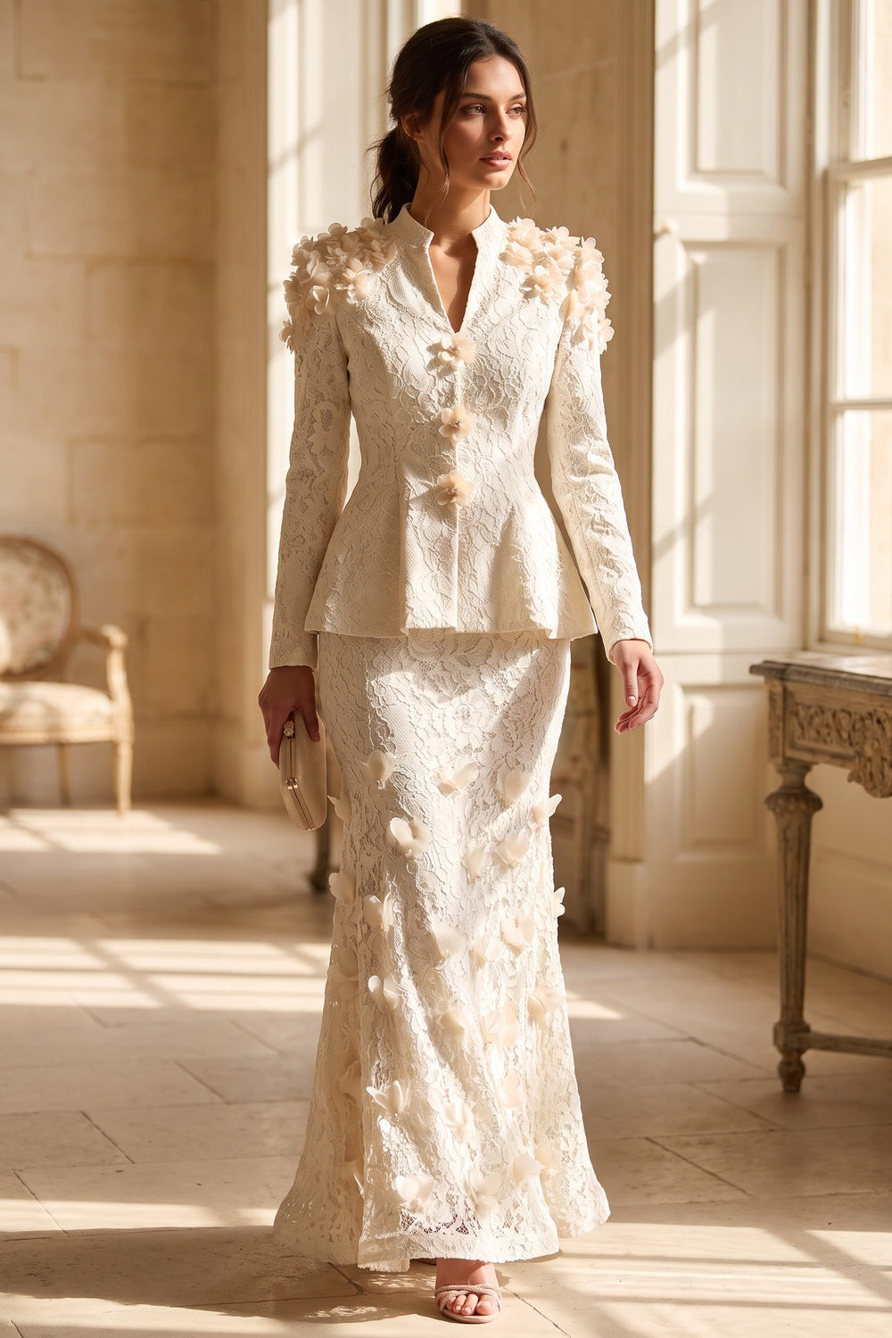 Ivory Corded Floral Lace Two-Piece Skirt Suit Flowering Girl