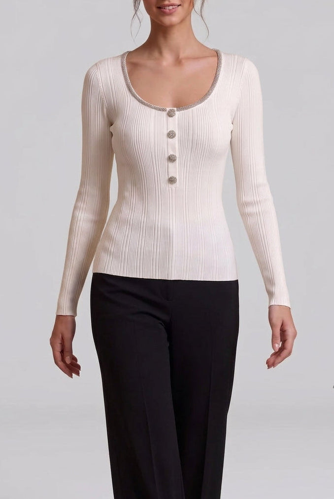 Ivory Ribbed Knit Top with Metallic Beaded Scoop Neckline Flowering Girl