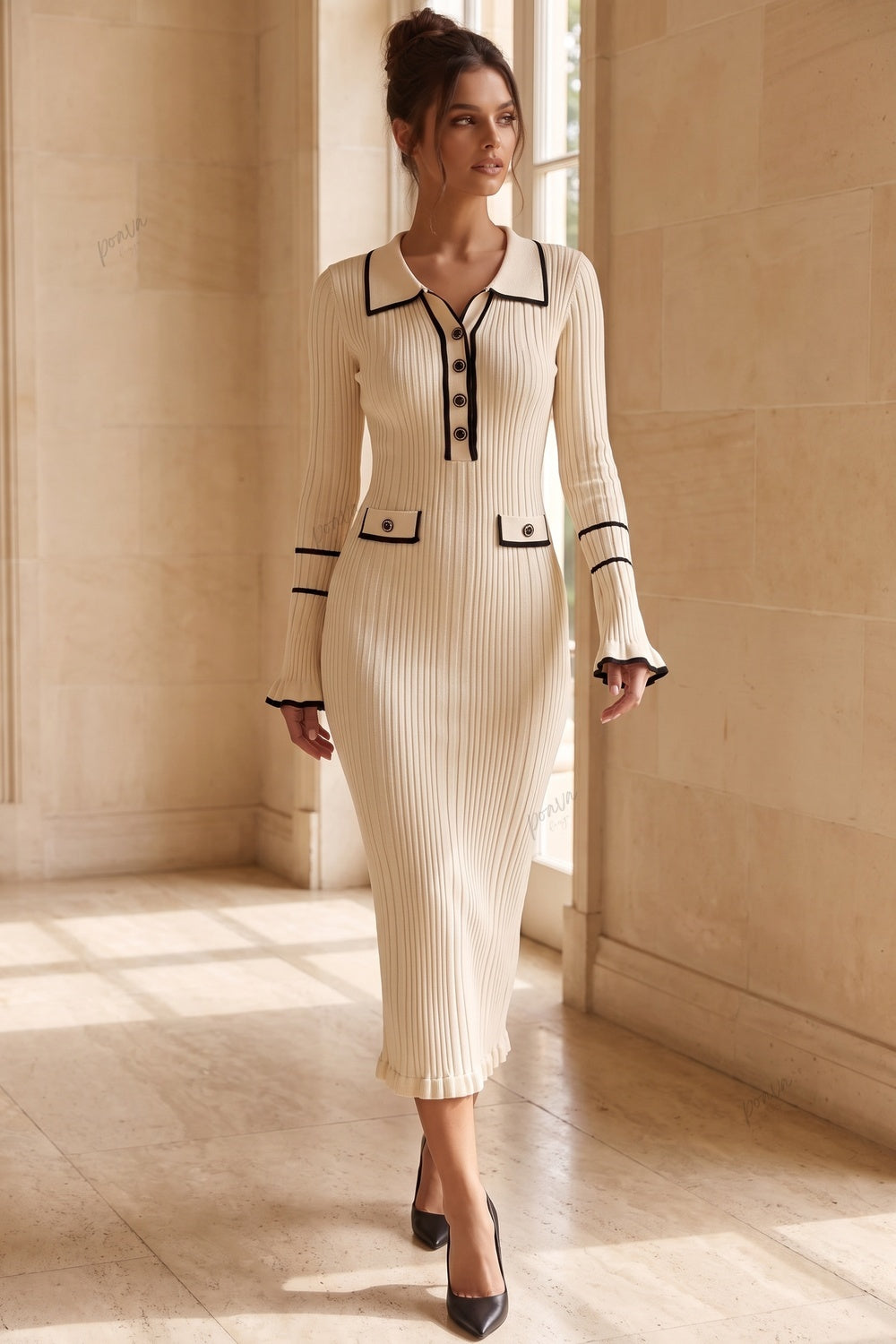 Cream Ribbed Knit Column Dress with Black Contrast Trim Flowering Girl