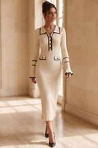 Cream Ribbed Knit Column Dress with Black Contrast Trim Flowering Girl