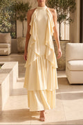 Pale Yellow Tiered A-Line Maxi Dress with Cascading Ruffles Flowering Girl