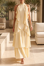 Pale Yellow Tiered A-Line Maxi Dress with Cascading Ruffles Flowering Girl