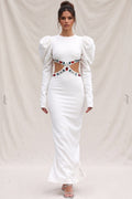 White Heavy Crepe Column Maxi Dress with Puff Shoulders and Crystal Cutouts Flowering Girl