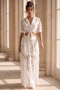 White Sheer 3D Floral Two-Piece Set with Tie-Front Cropped Top and Button-Front Maxi Skirt Flowering Girl