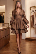 Bronze Brown Taffeta-Like Fit-and-Flare Tiered Mini Dress Flowering Girl