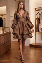Bronze Brown Taffeta-Like Fit-and-Flare Tiered Mini Dress Flowering Girl