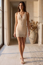 Beige Ribbed Knit Bodycon Mini Dress with Lace Trim