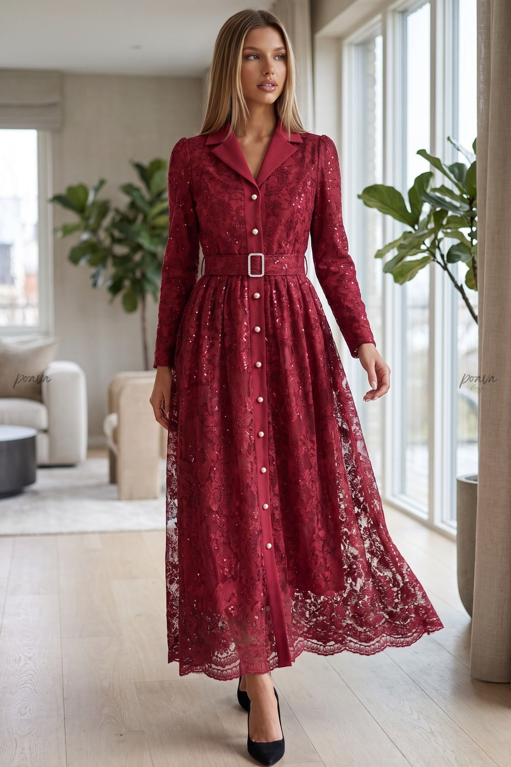 Deep Red Floral Lace A-Line Maxi Dress Flowering Girl